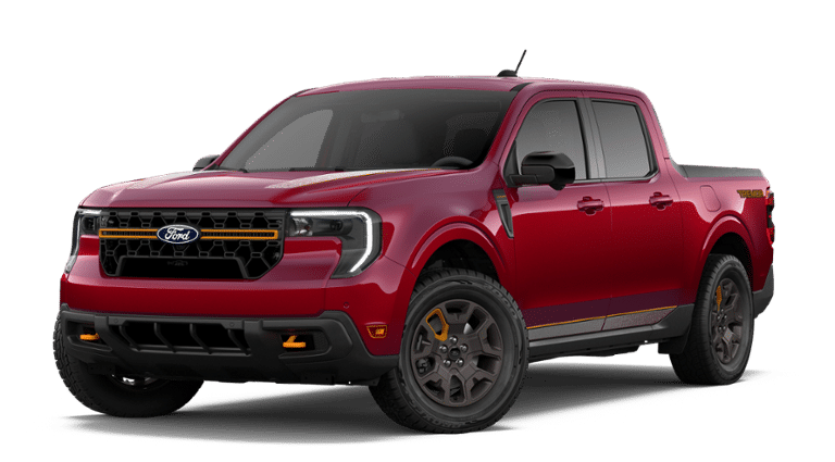 2026 Ford Maverick Tremor in Ruby Red Metallic Tinted Clearcoat — front three-quarter view