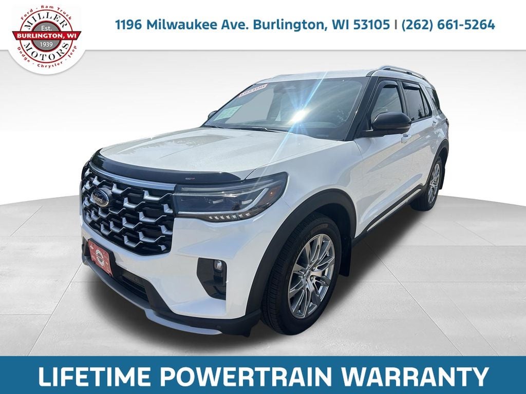 2025 Ford Explorer Platinum in White Metallic — front three-quarter view